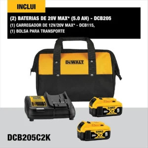 Kit 2 Baterias 5ah Dewalt Dcb205c2k Carregador Bolsa Bivolt